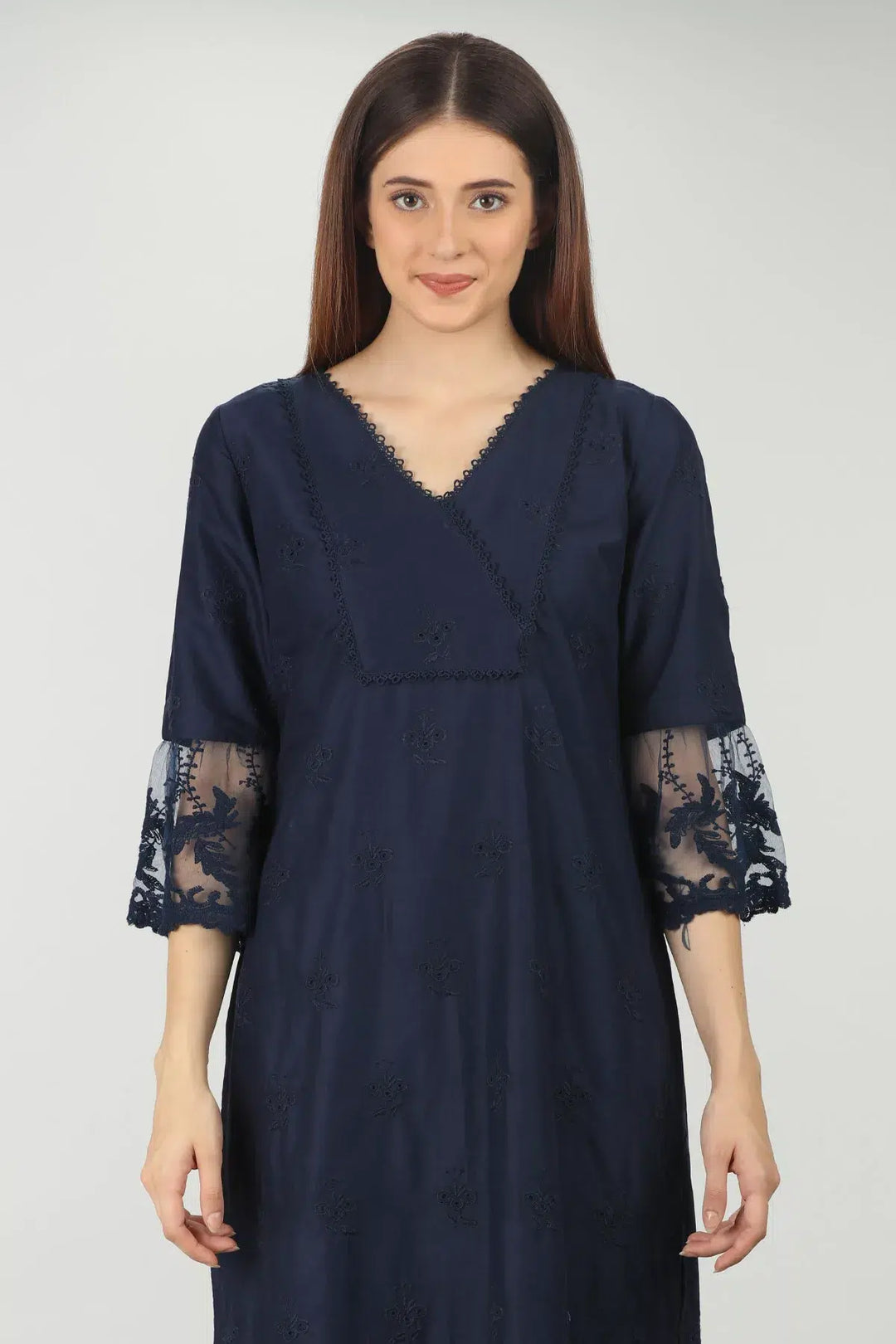 Navy V neck Embroidered kurti