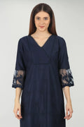 Navy V neck Embroidered kurti