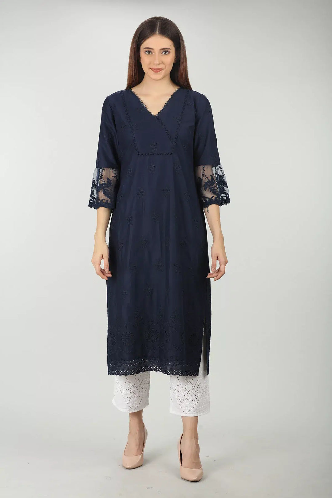 Navy V neck Embroidered kurti