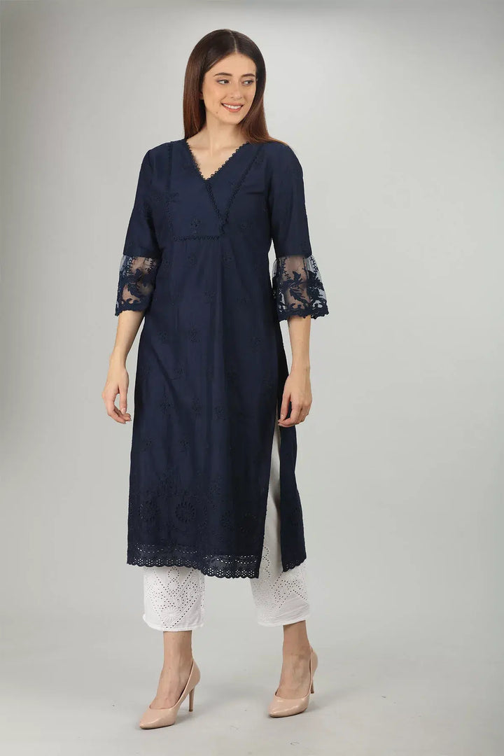 Navy V neck Embroidered kurti