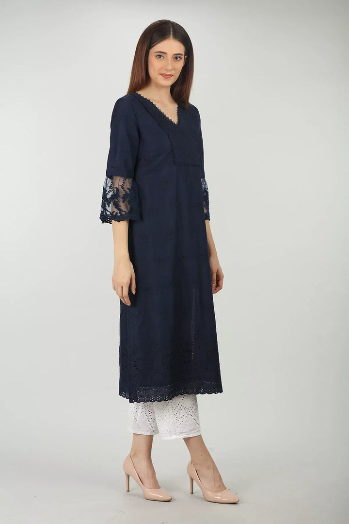 Navy V neck Embroidered kurti