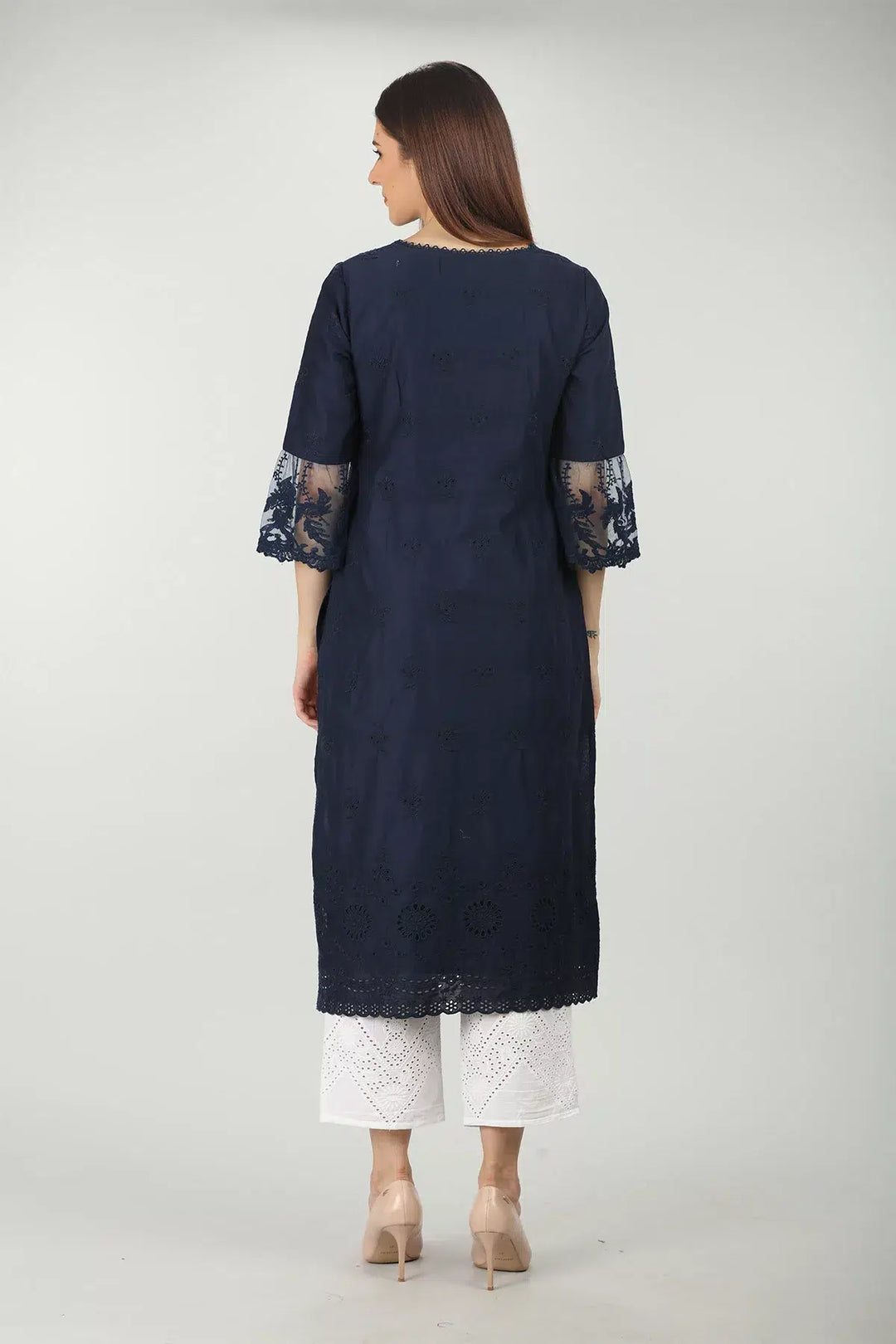 Navy V neck Embroidered kurti