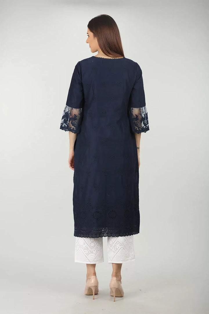 Navy V neck Embroidered kurti