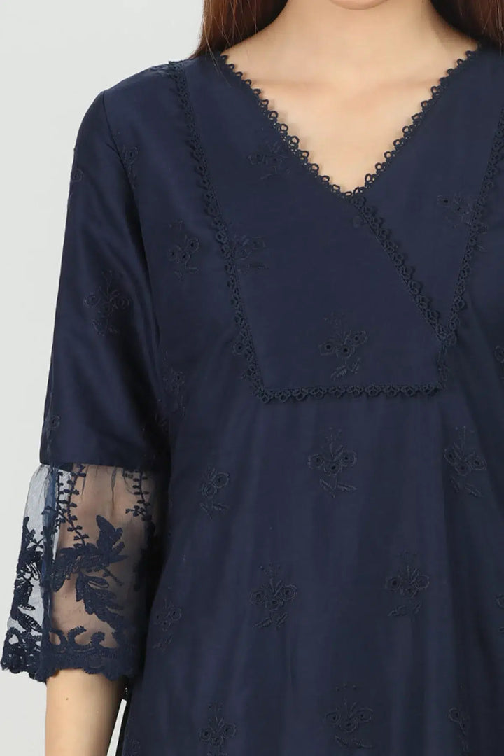Navy V neck Embroidered kurti