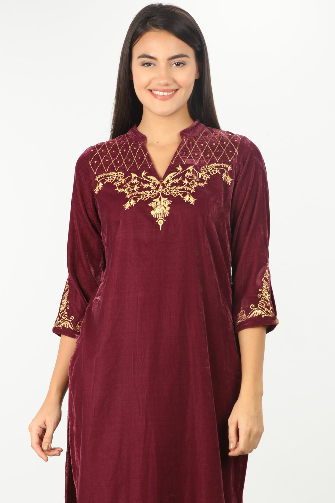 Burgundy Velvet Embellished Kurti