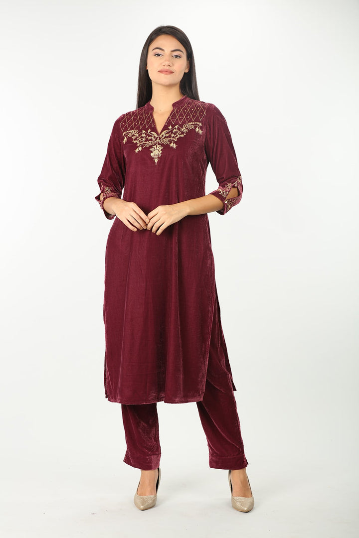Burgundy Velvet Embellished Kurti