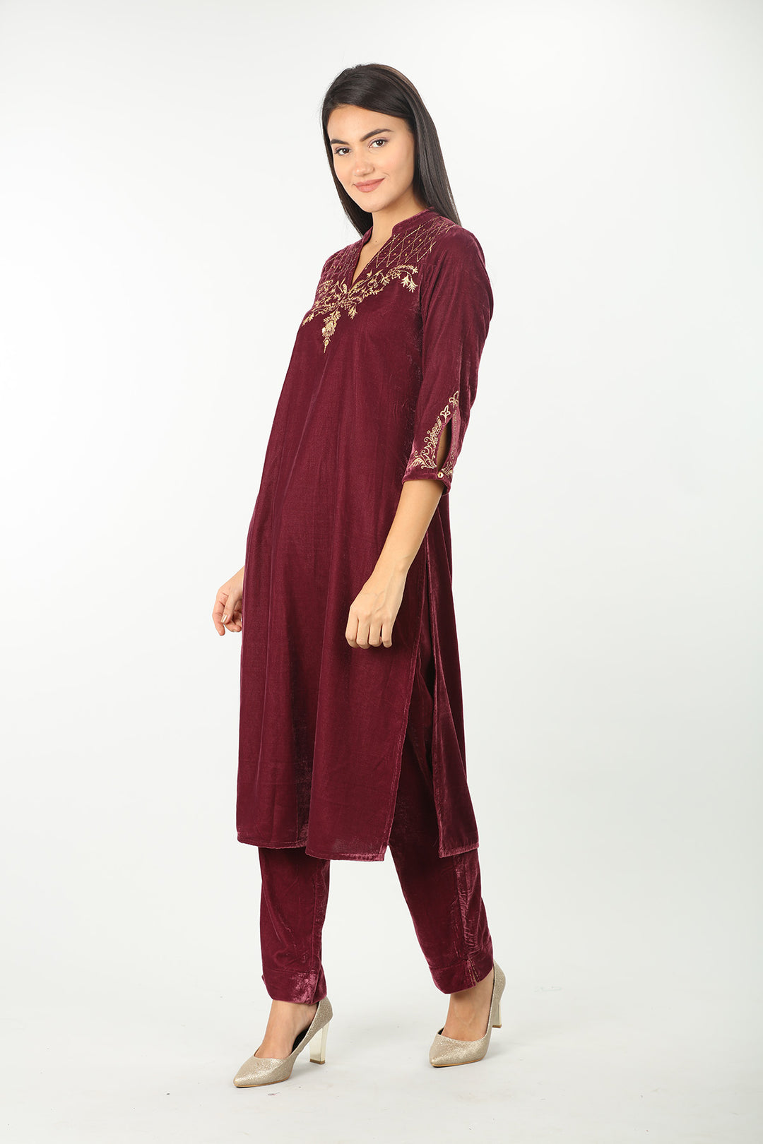 Burgundy Velvet Embellished Kurti