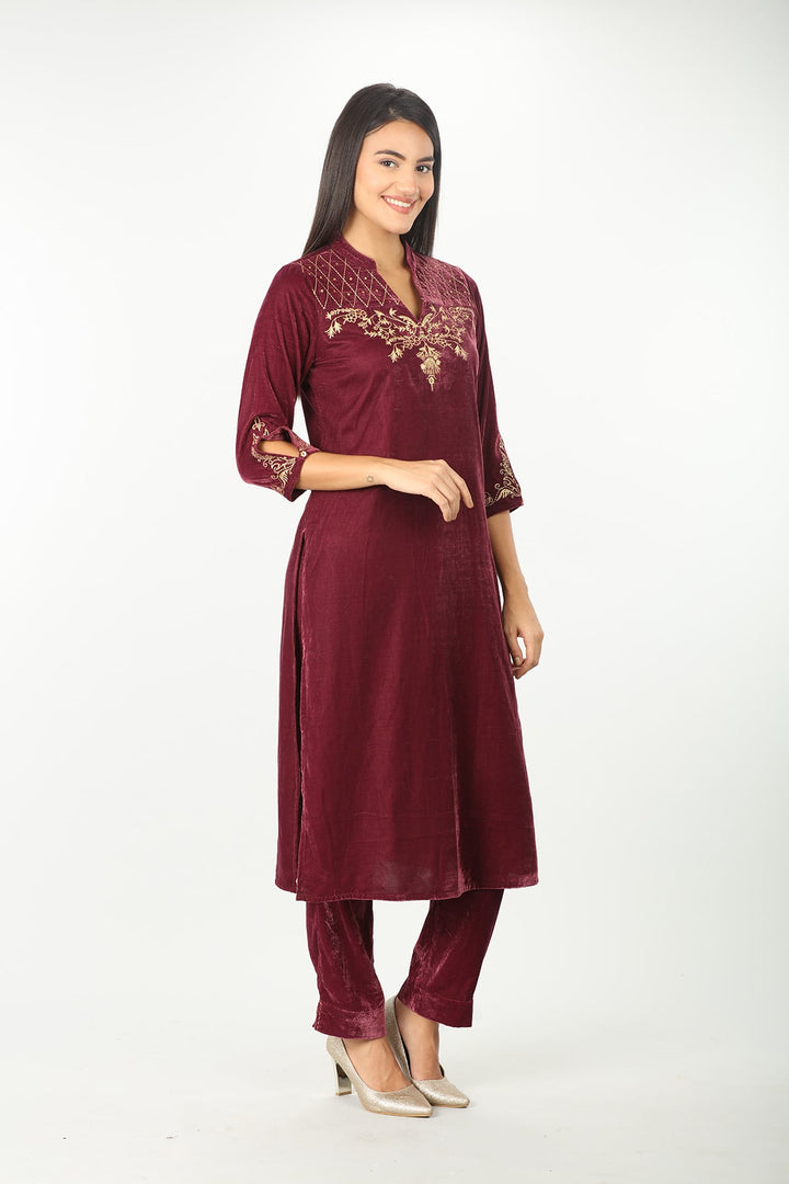 Burgundy Velvet Embellished Kurti