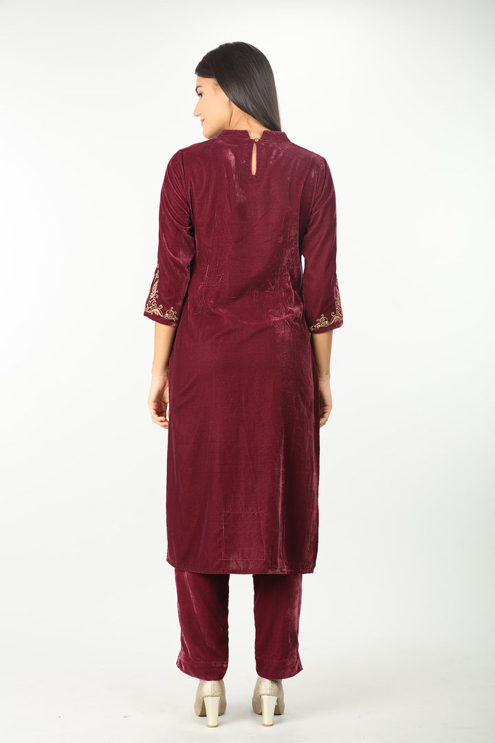 Burgundy Velvet Embellished Kurti