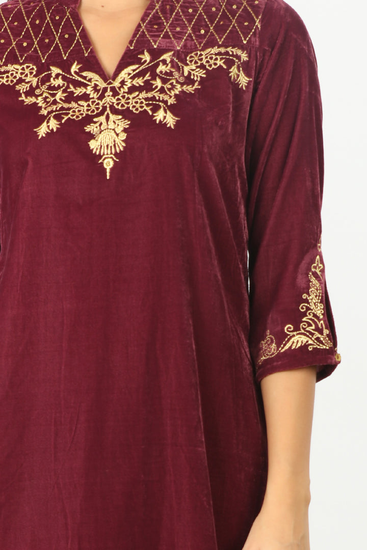 Burgundy Velvet Embellished Kurti