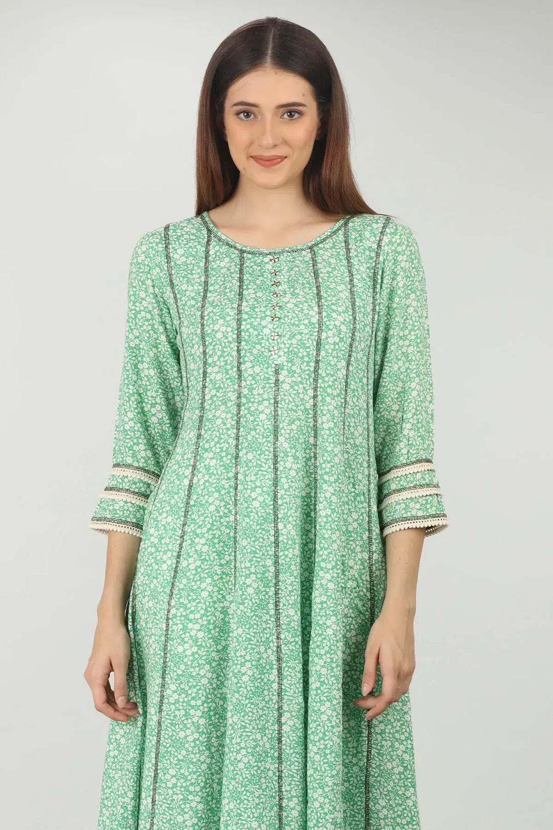 SEA GREEN FLORAL PRINTED A-LINE KURTI
