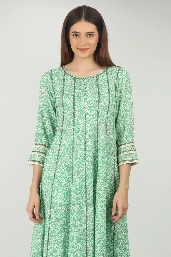 SEA GREEN FLORAL PRINTED A-LINE KURTI