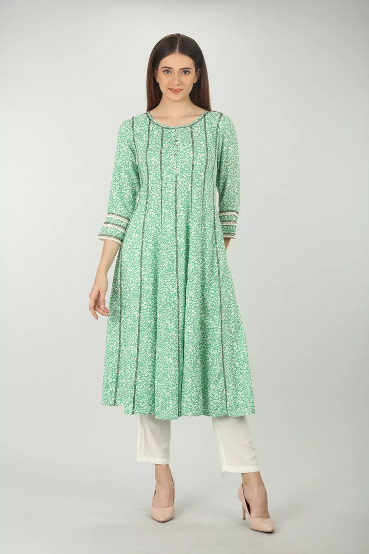 SEA GREEN FLORAL PRINTED A-LINE KURTI