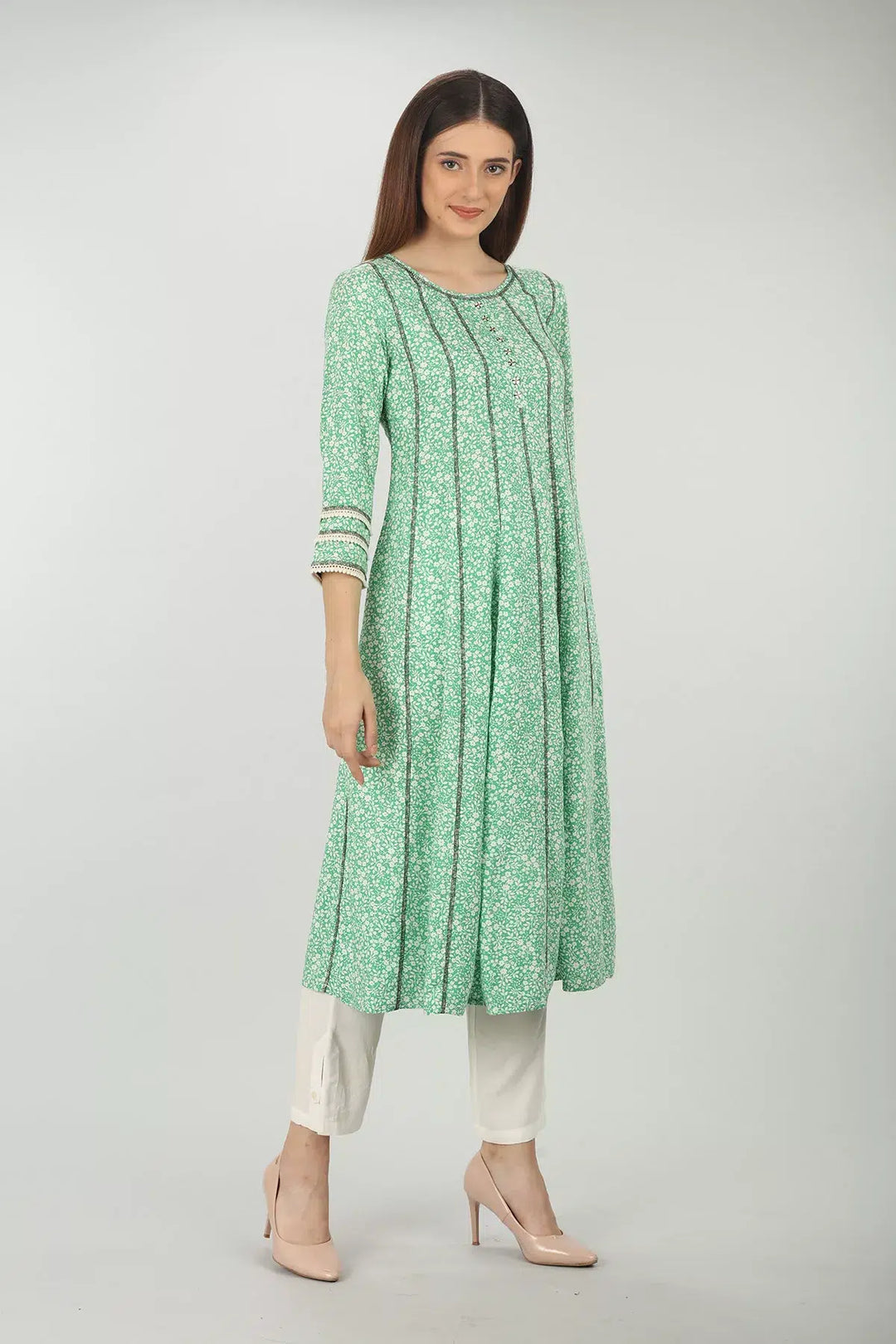 SEA GREEN FLORAL PRINTED A-LINE KURTI