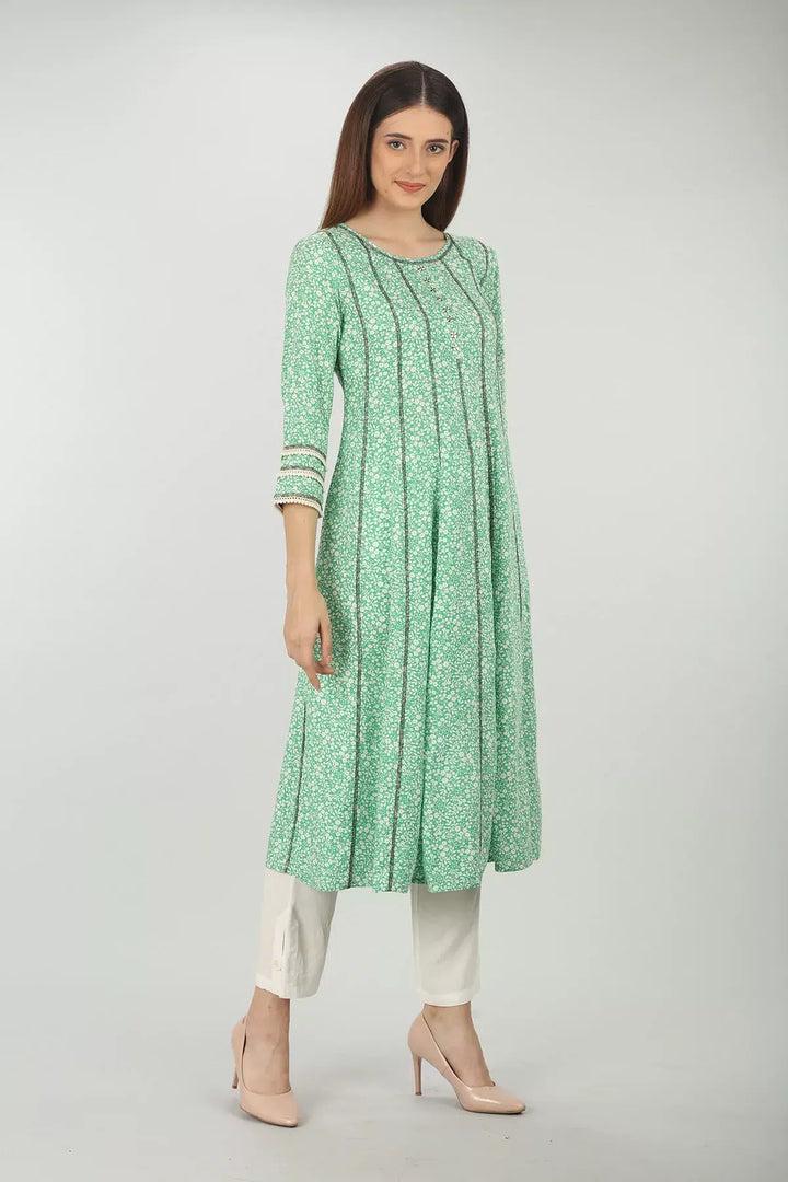SEA GREEN FLORAL PRINTED A-LINE KURTI
