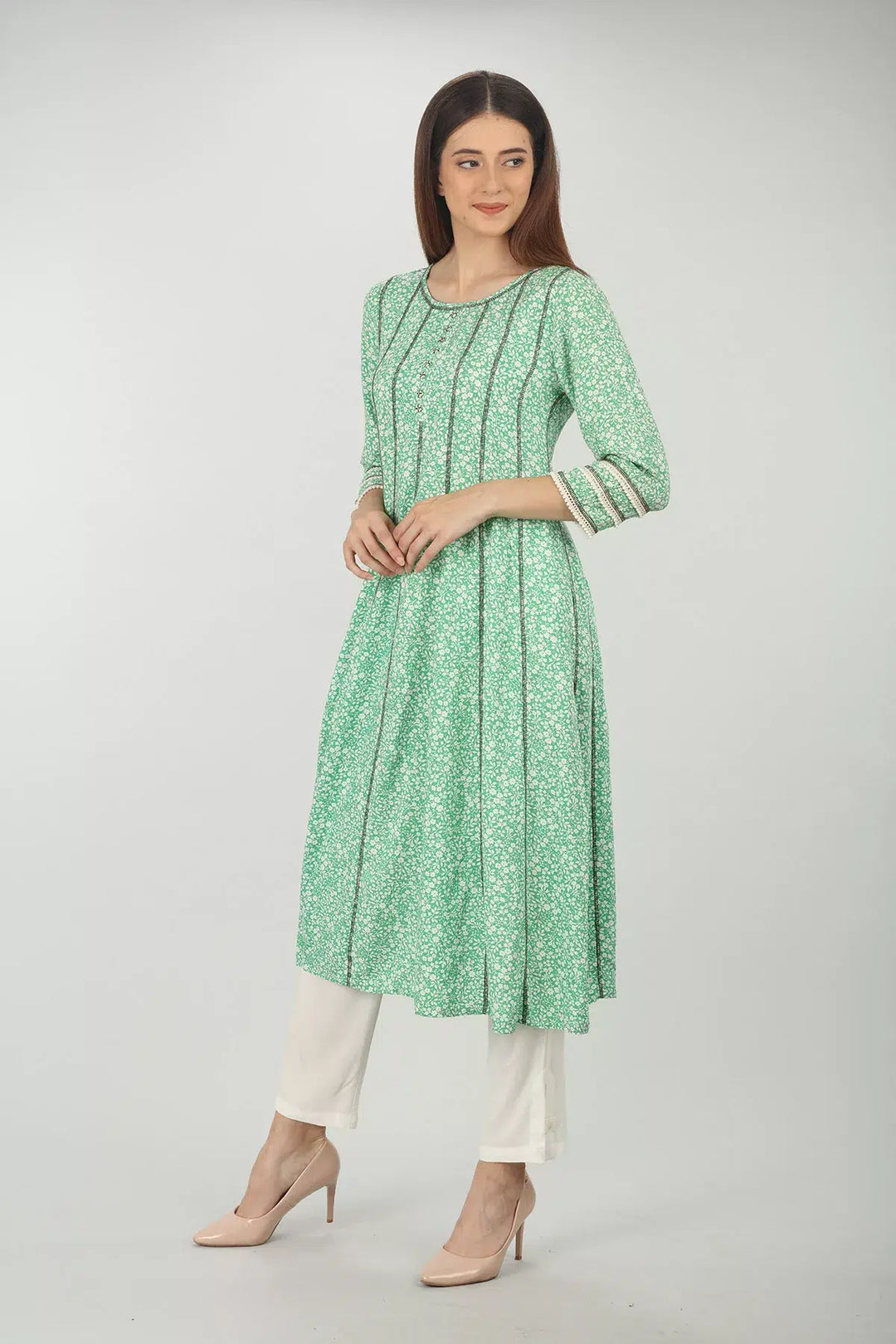 SEA GREEN FLORAL PRINTED A-LINE KURTI
