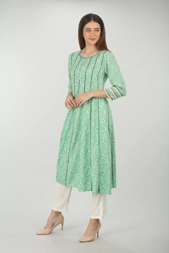 SEA GREEN FLORAL PRINTED A-LINE KURTI