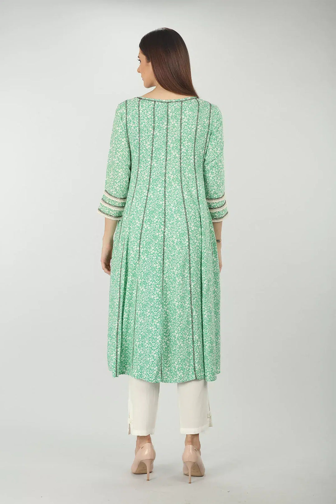 SEA GREEN FLORAL PRINTED A-LINE KURTI