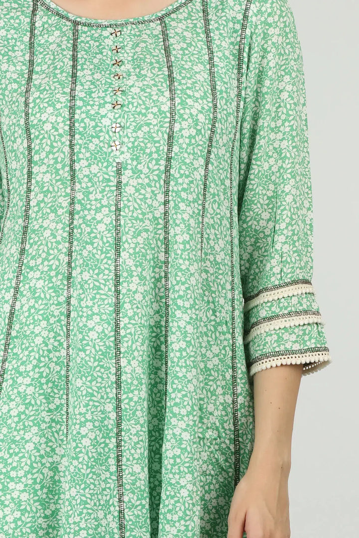 SEA GREEN FLORAL PRINTED A-LINE KURTI