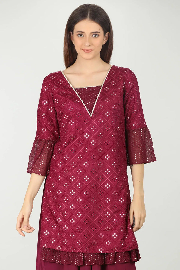WINE EMBELLISHED V-NECK KURTI