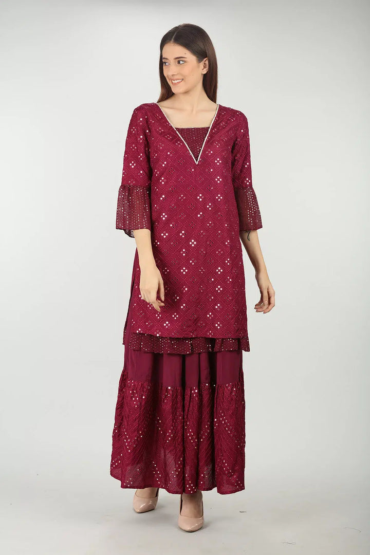 WINE EMBELLISHED V-NECK KURTI
