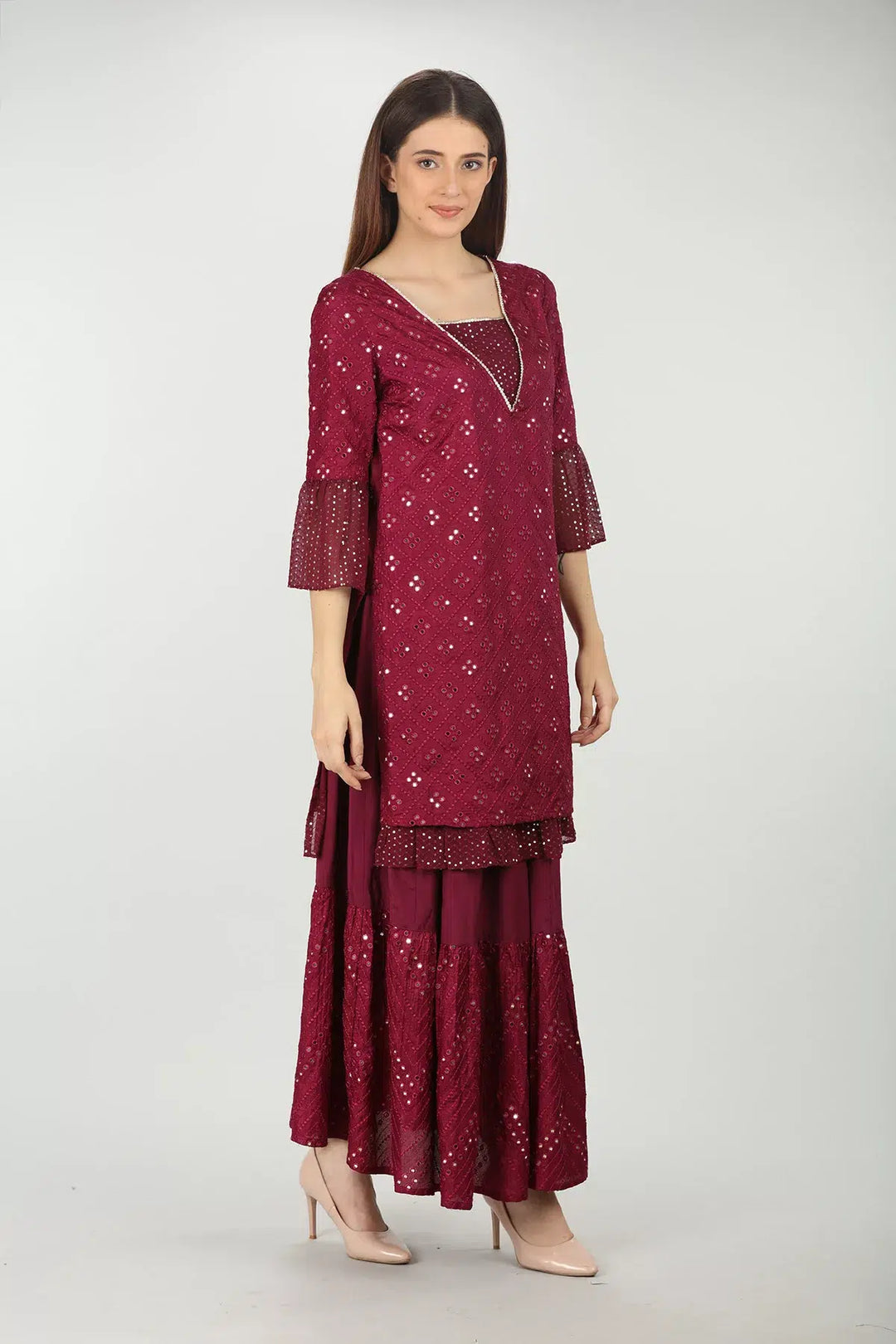 WINE EMBELLISHED V-NECK KURTI