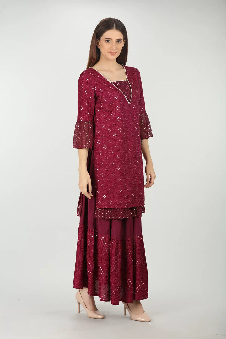 WINE EMBELLISHED V-NECK KURTI