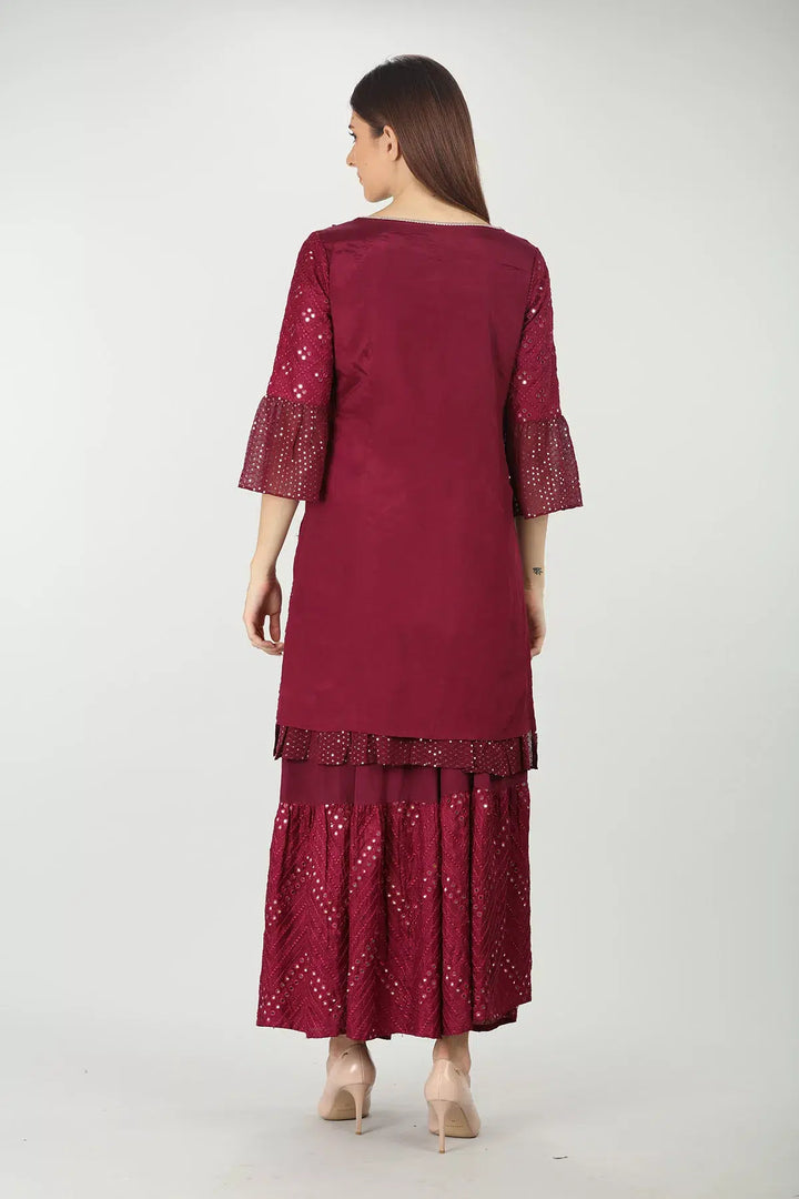 WINE EMBELLISHED V-NECK KURTI