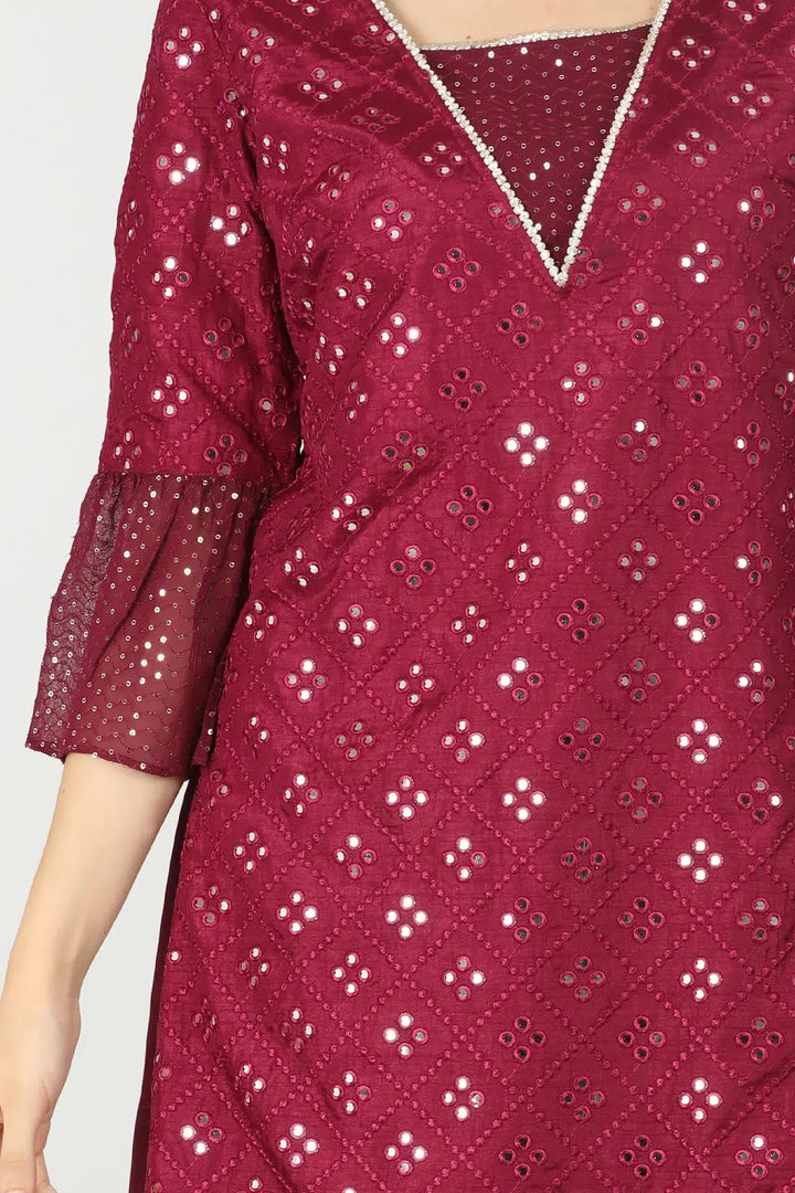 WINE EMBELLISHED V-NECK KURTI