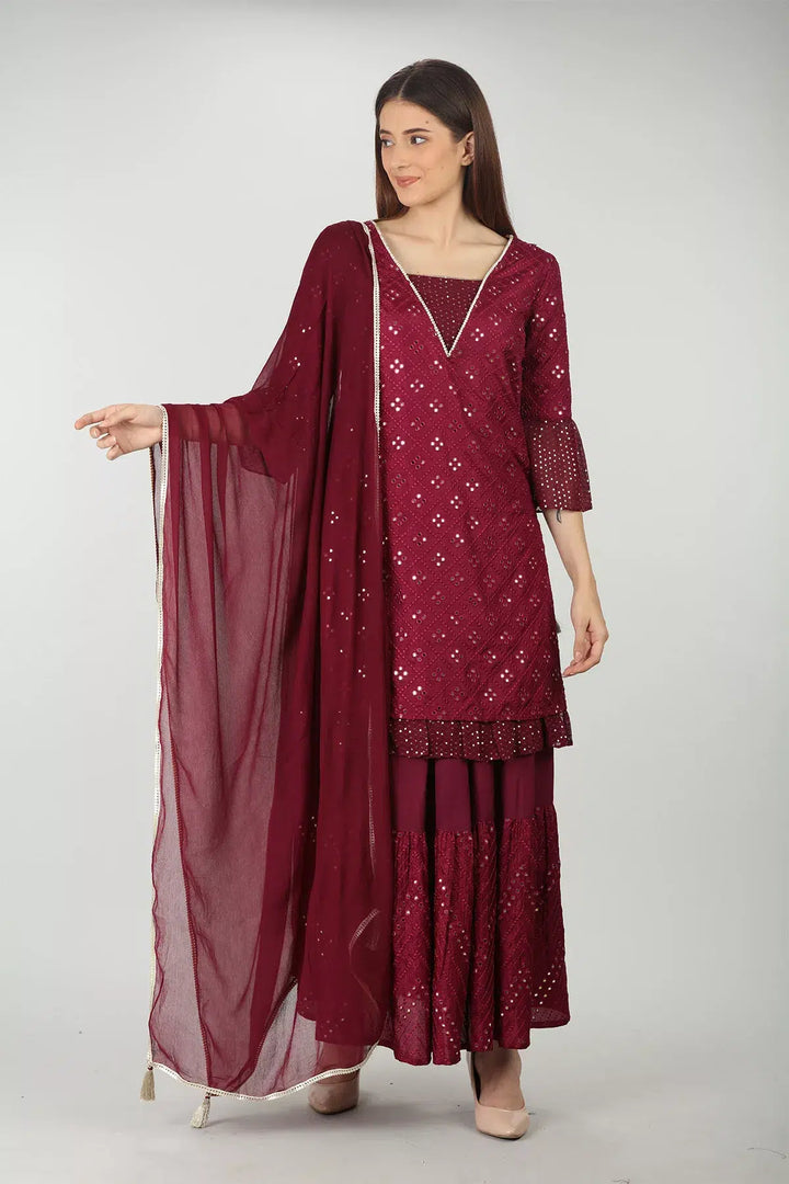 WINE EMBELLISHED V-NECK KURTI