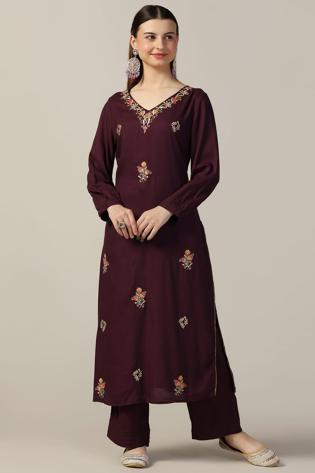 Purple Printed Rayon Kurti with V-Neck
