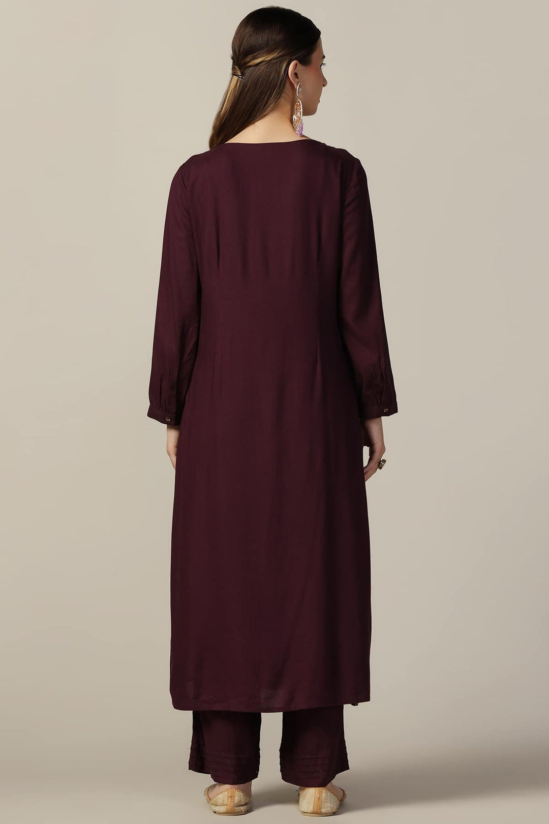 Purple Printed Rayon Kurti with V-Neck
