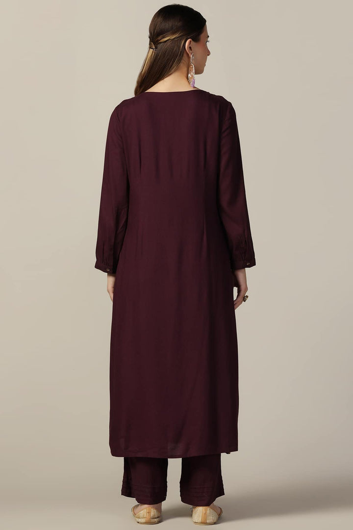 Purple Printed Rayon Kurti with V-Neck