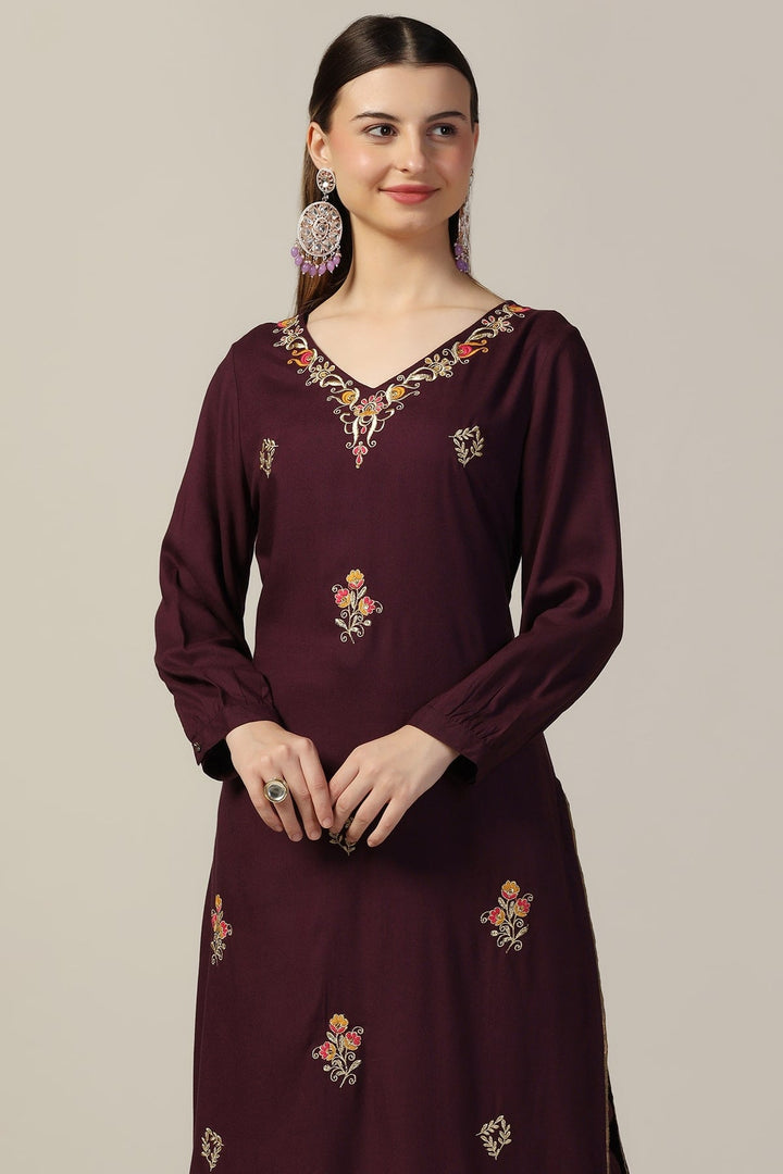 Purple Printed Rayon Kurti with V-Neck
