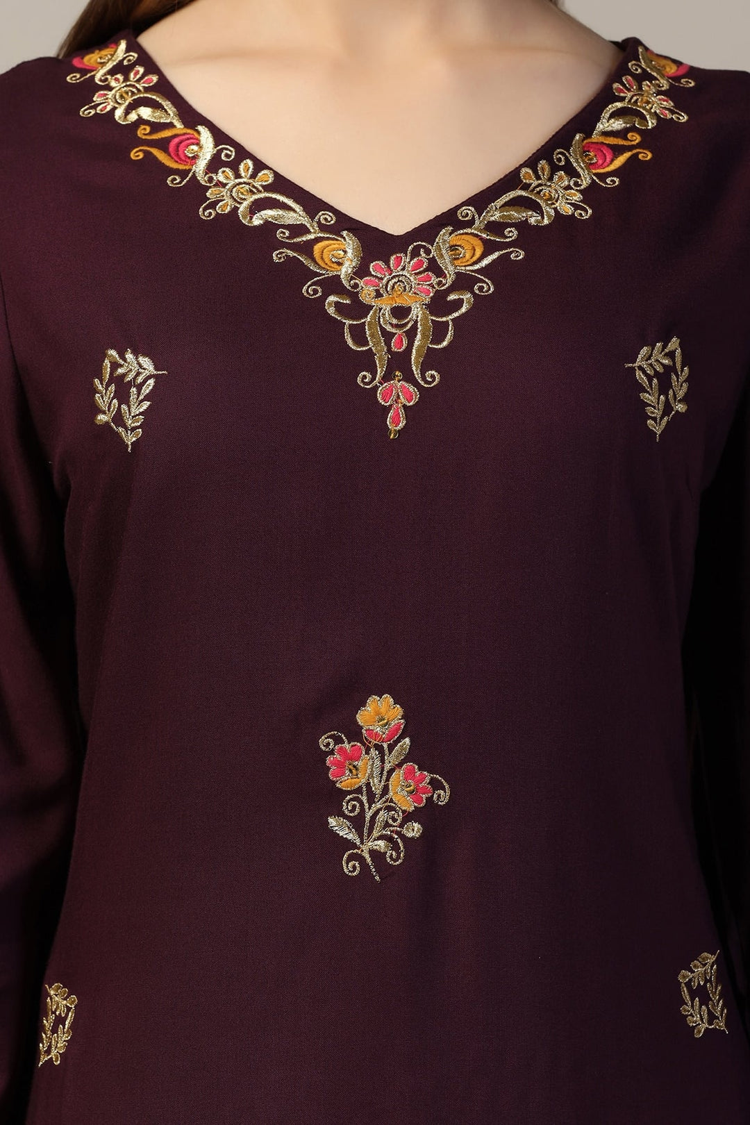 Purple Printed Rayon Kurti with V-Neck
