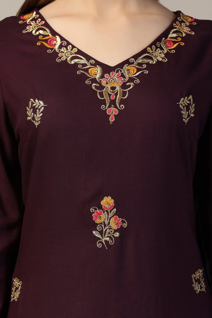 Purple Printed Rayon Kurti with V-Neck