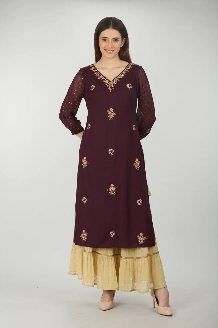 PURPLE EMBELLISHED V-NECK KURTI
