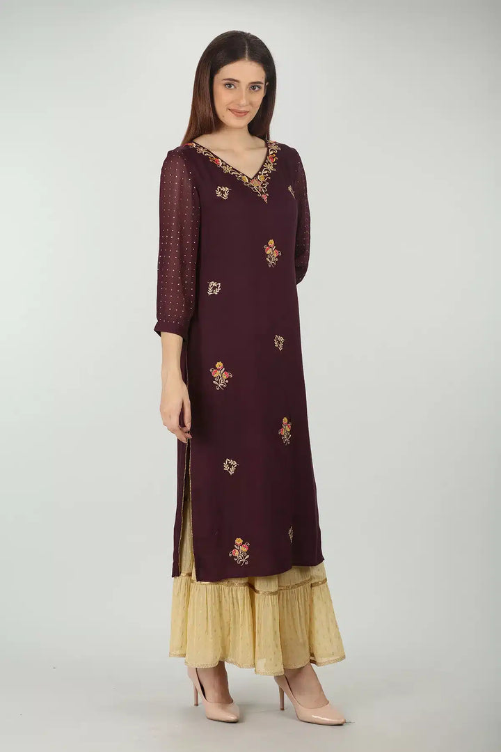 PURPLE EMBELLISHED V-NECK KURTI