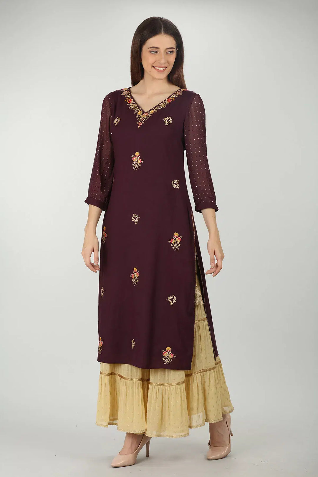 PURPLE EMBELLISHED V-NECK KURTI