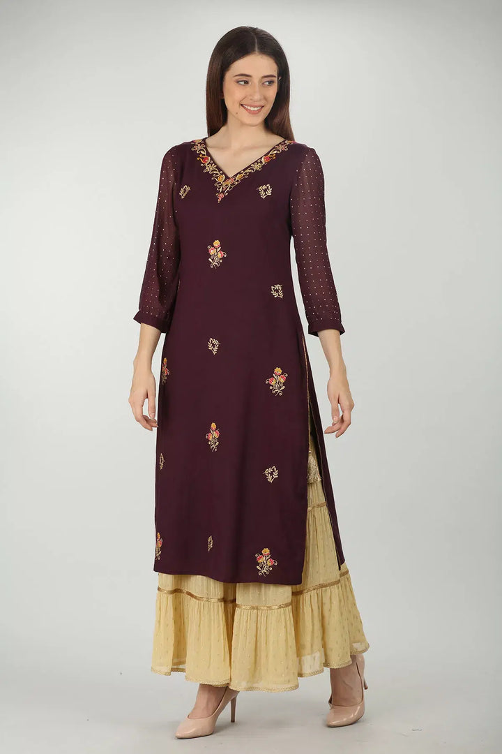 PURPLE EMBELLISHED V-NECK KURTI