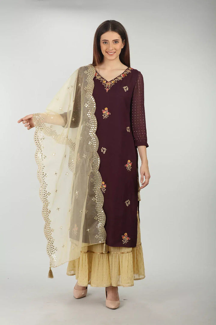 PURPLE EMBELLISHED V-NECK KURTI