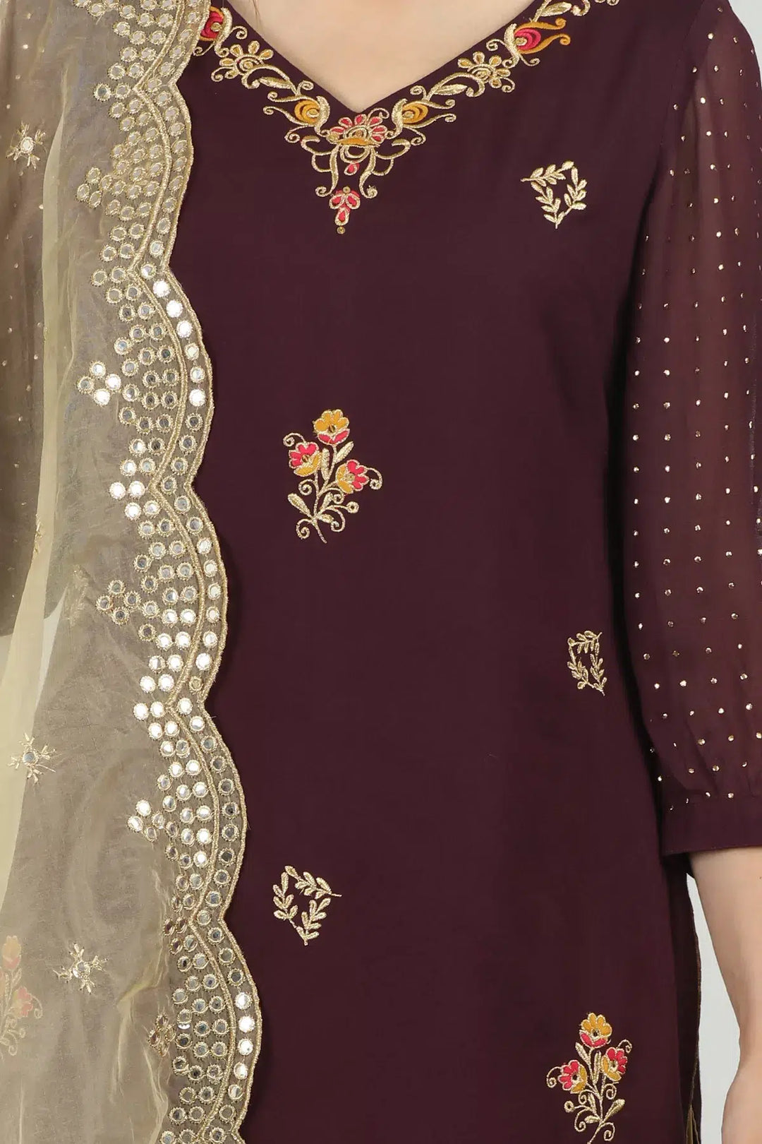 PURPLE EMBELLISHED V-NECK KURTI