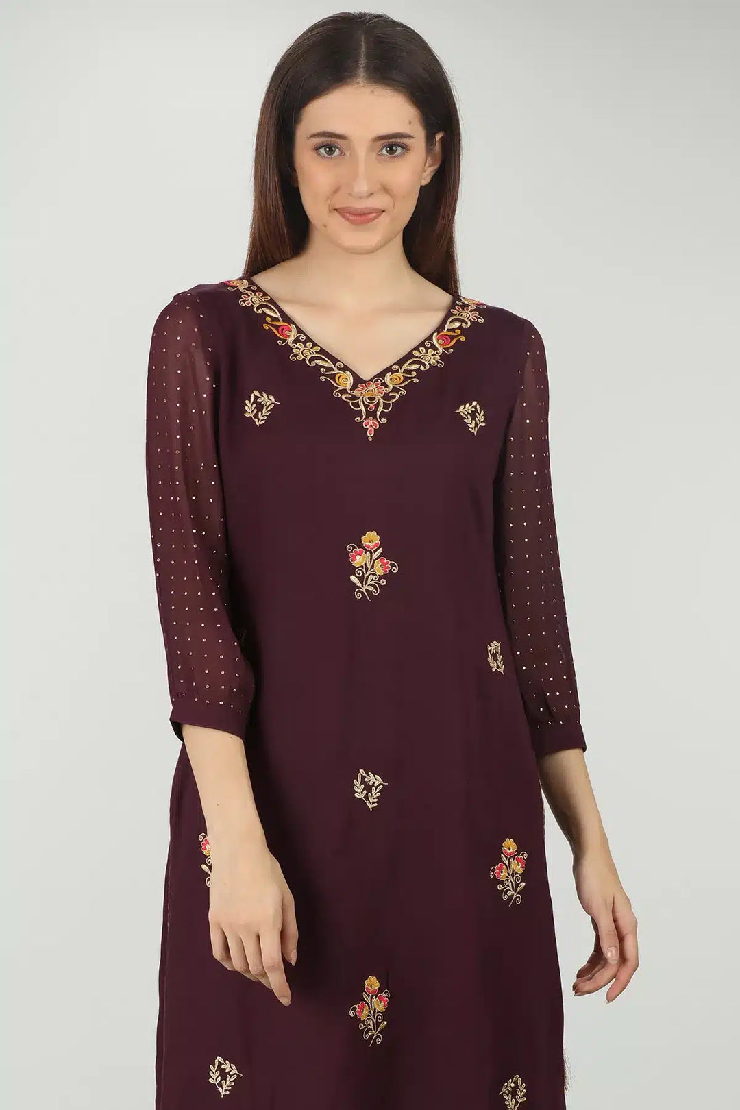 PURPLE EMBELLISHED V-NECK KURTI