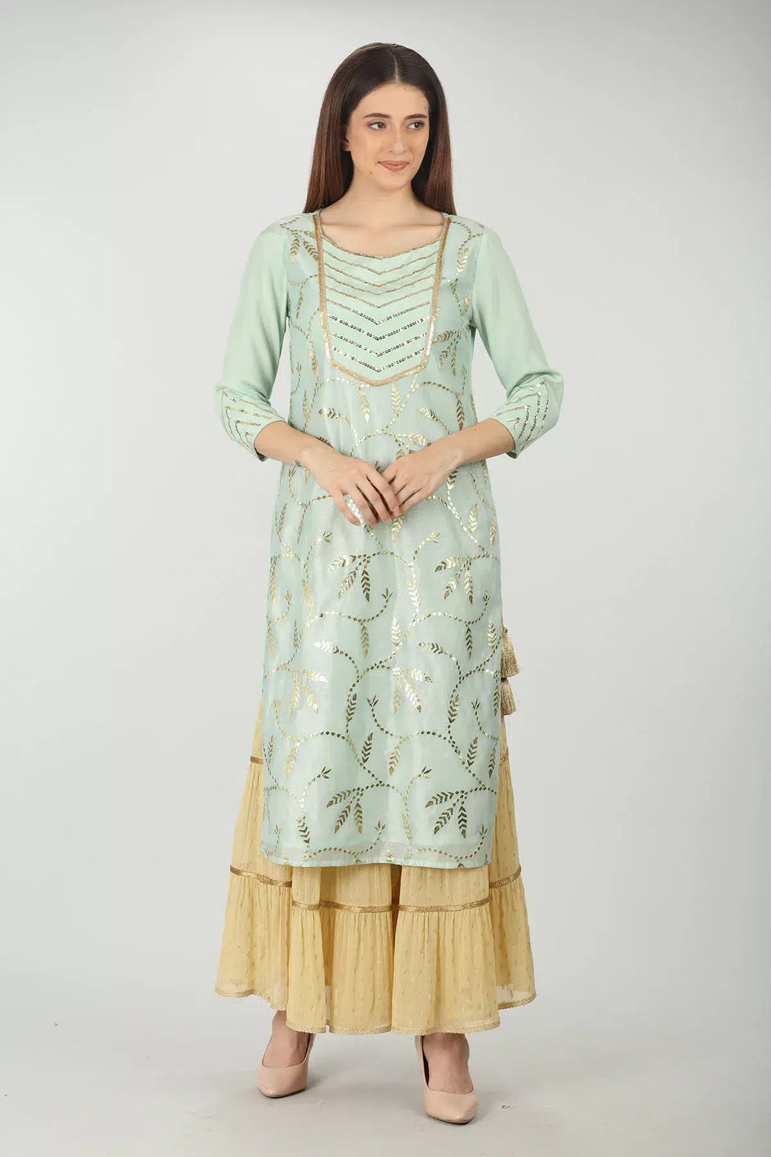 SAGE GREEN EMBELLISHED STRAIGHT KURTI