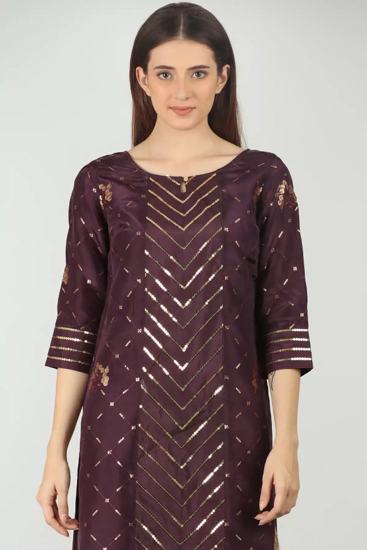 Purple Embellished Straight Kurti