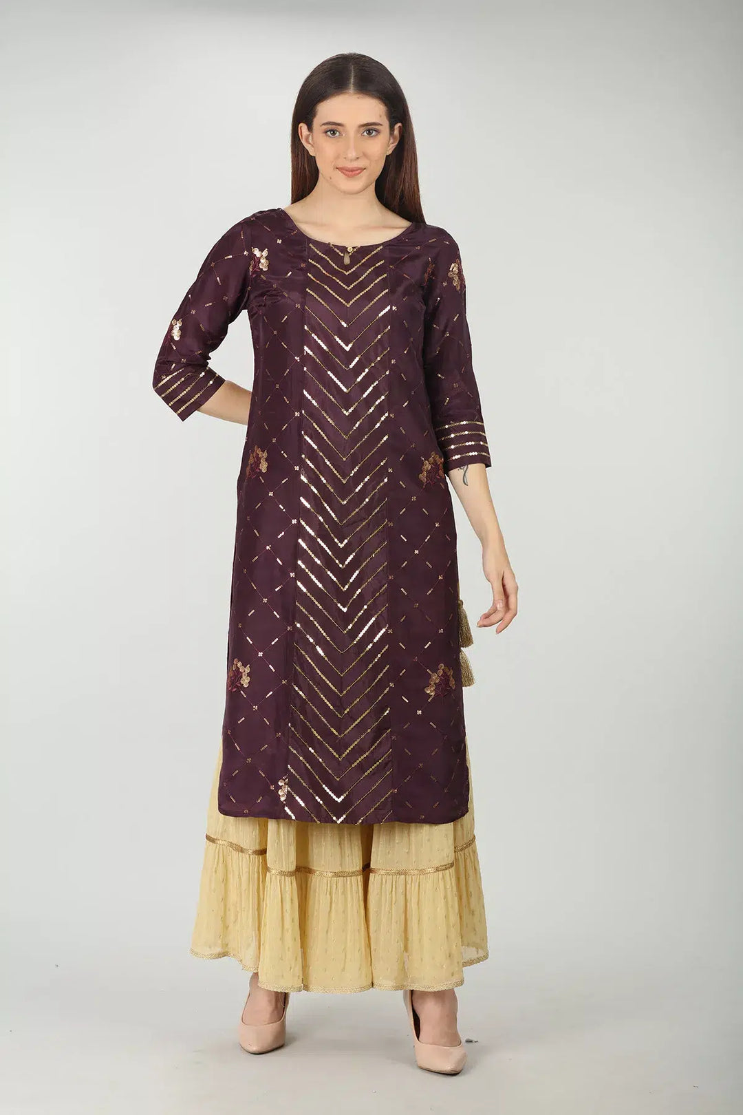 Purple Embellished Straight Kurti