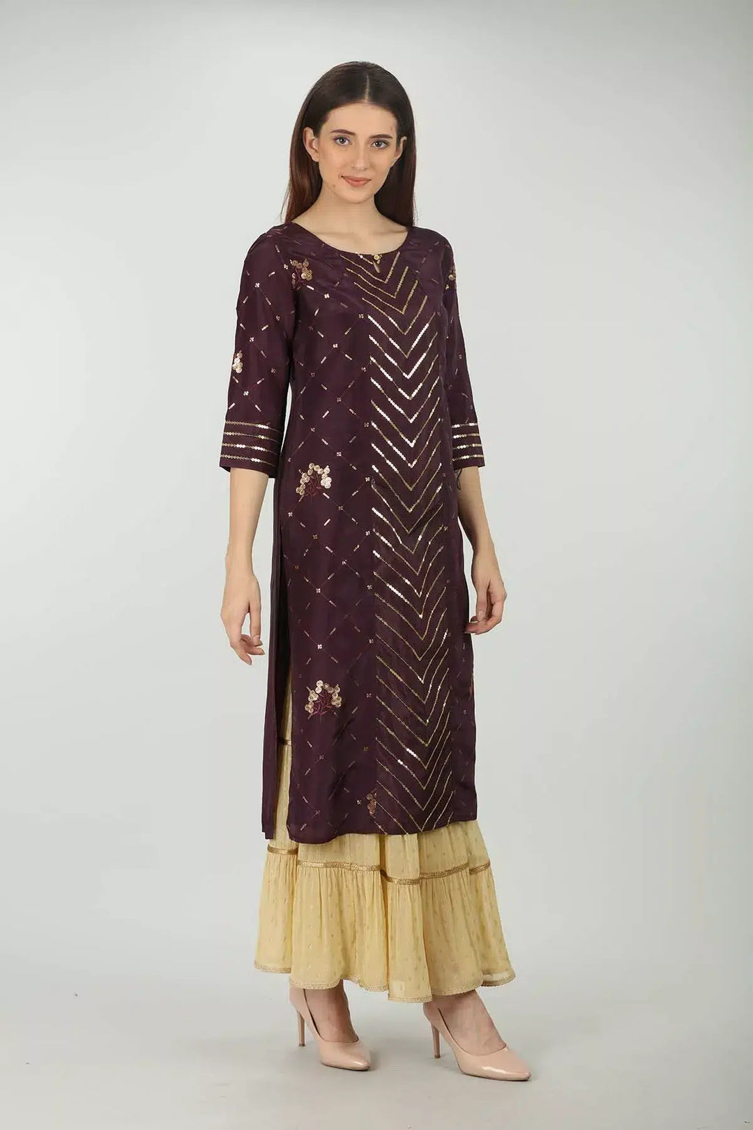 Purple Embellished Straight Kurti