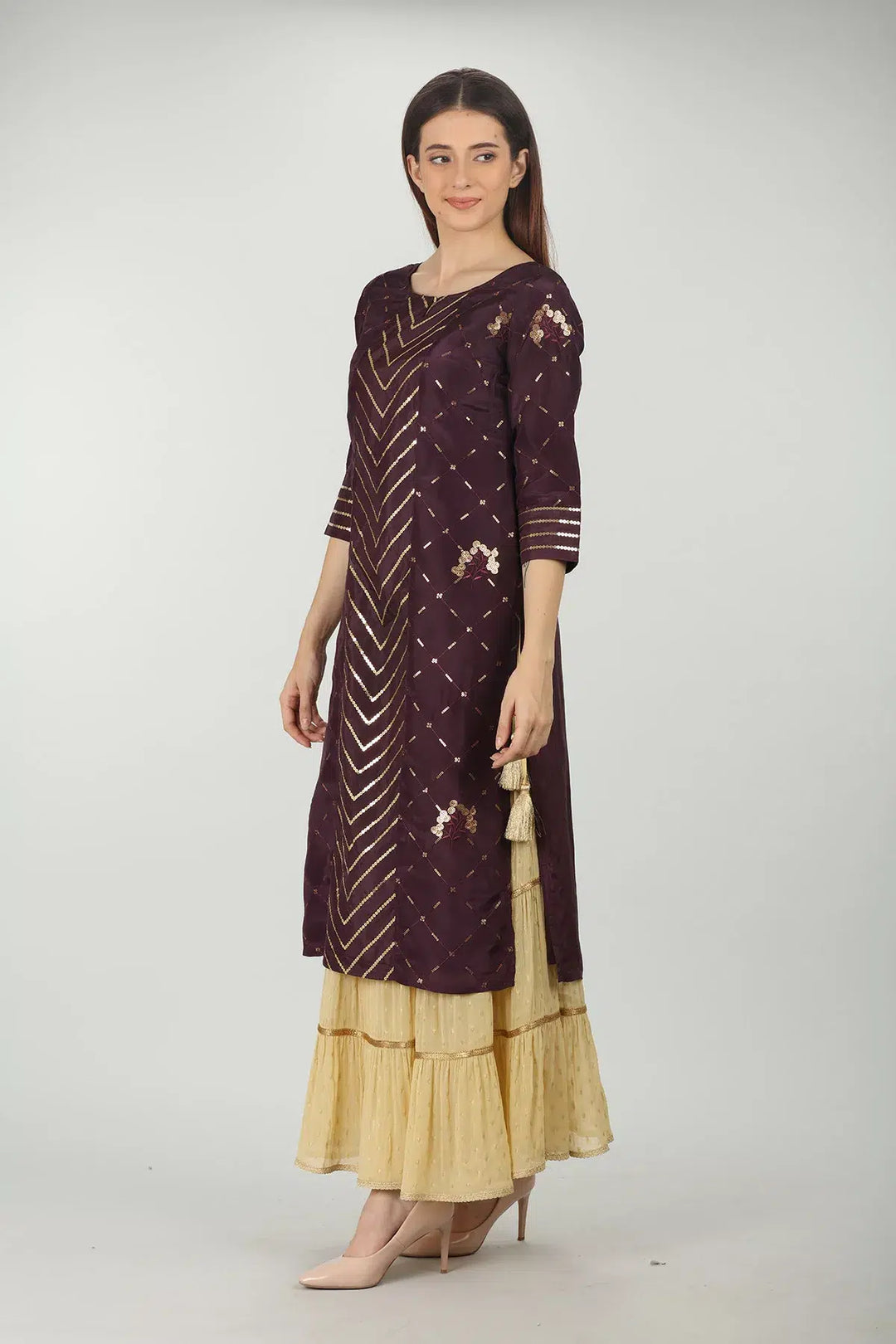 Purple Embellished Straight Kurti