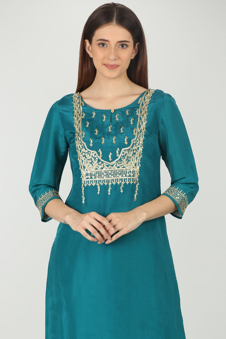 Blue Embellished Round Neck Kurti