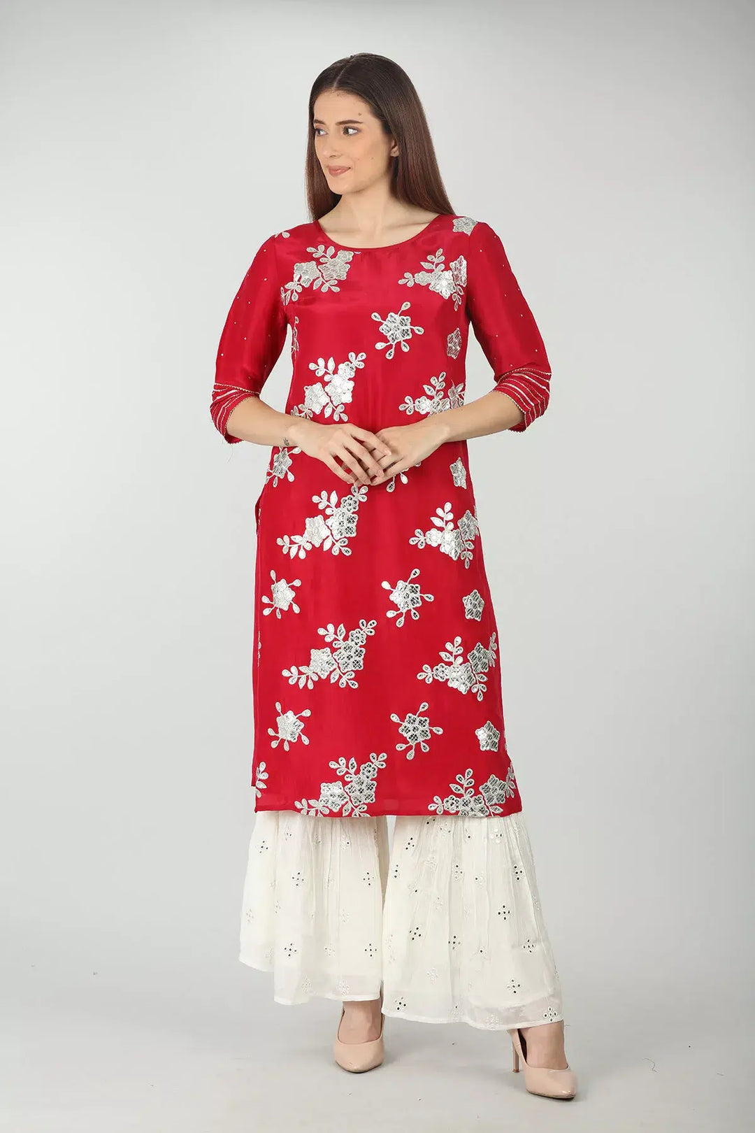 RED EMBELLISHED STRAIGHT KURTI